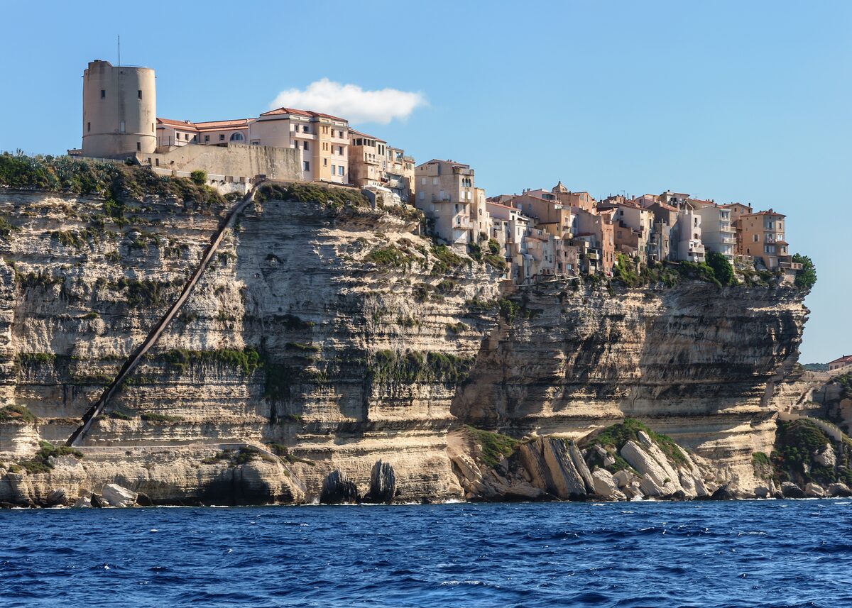 The white limestone cliffs of Bonifacio, with the upper town of houses and the citadel on top