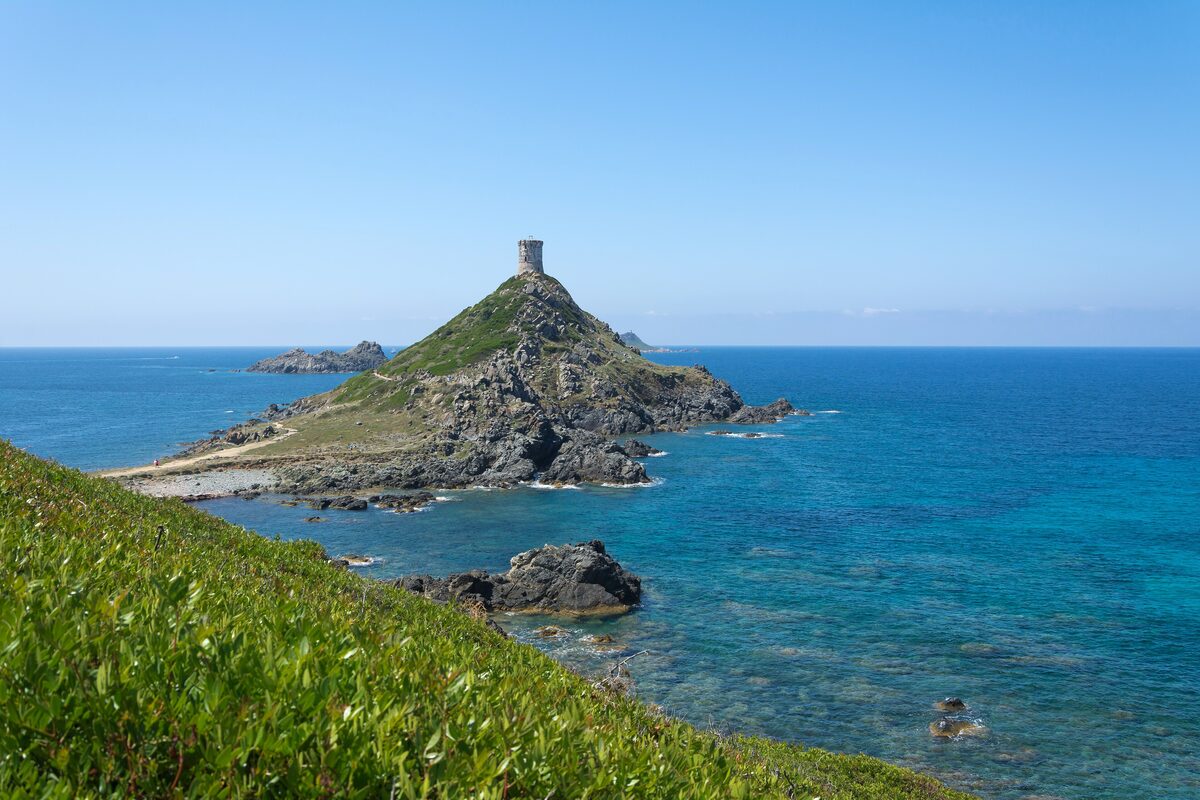 The Genoese tower on the Parata headland, with the Sanguinaire islands out to sea