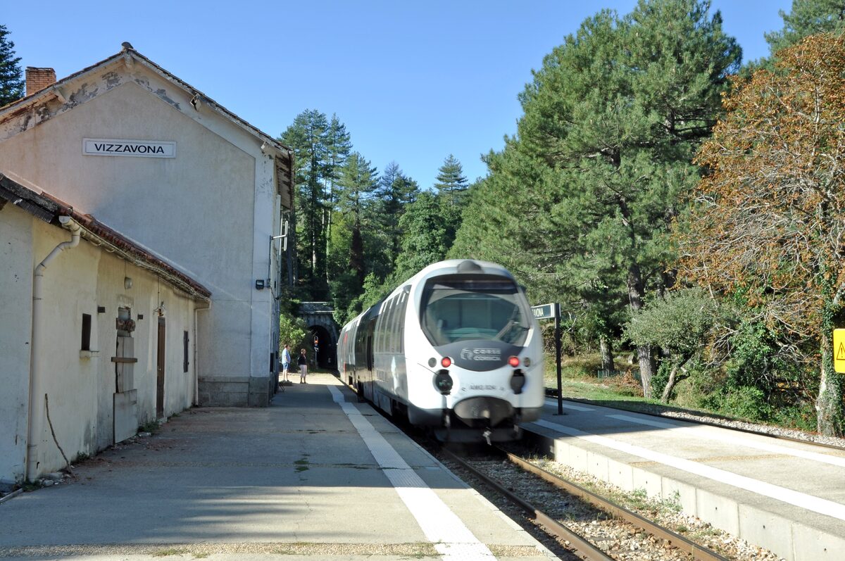 A CFC train at Vizzavona station, with pine trees around the platform on the mountain line to Corte