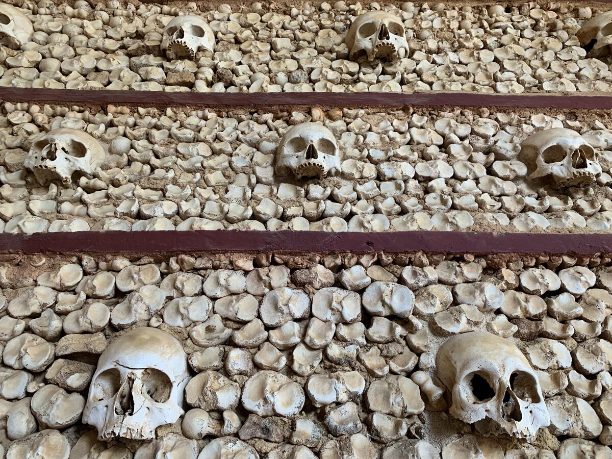 Walls of skulls and bones inside the Capela dos Ossos in Faro
