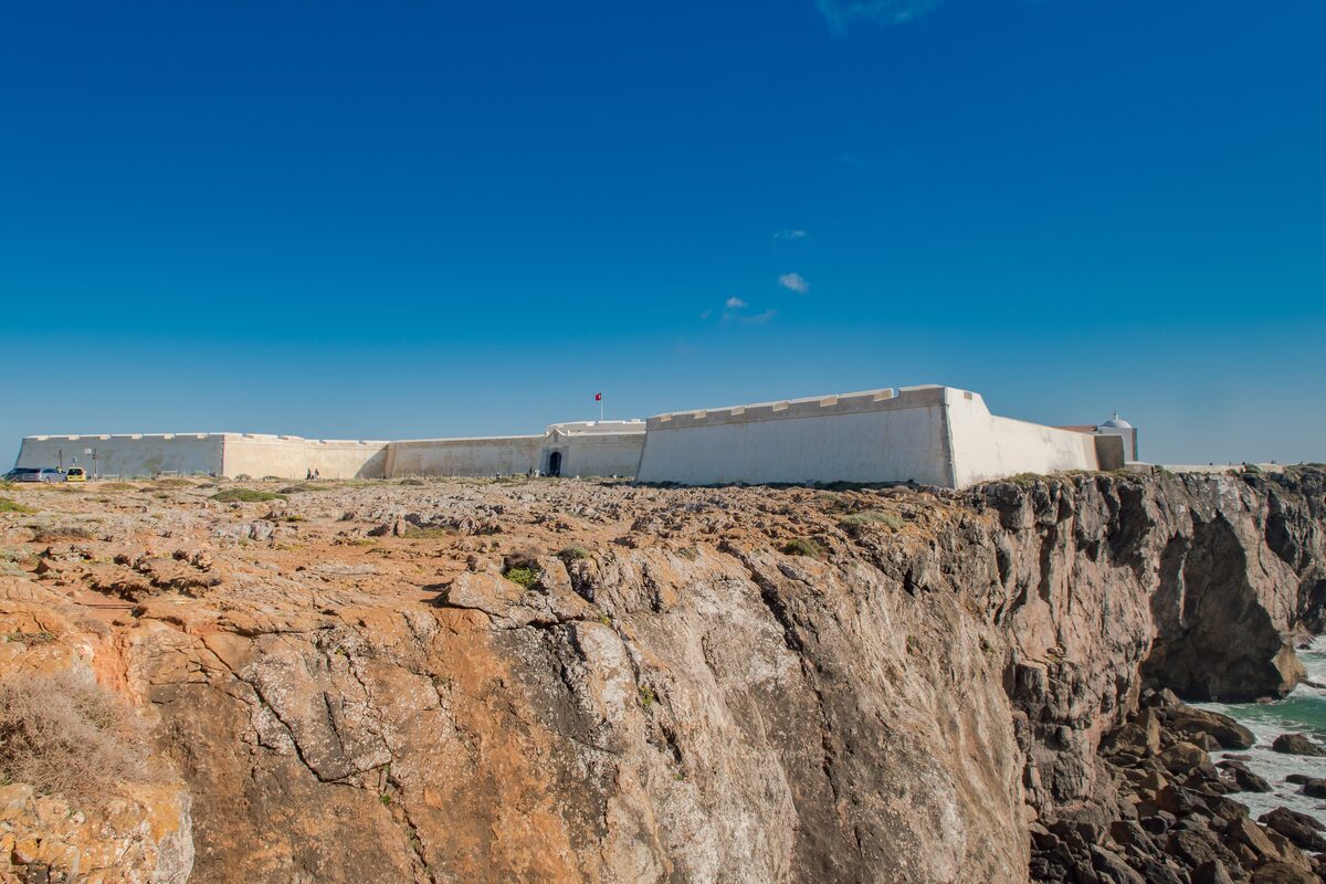 White fort walls on the cliff top above the Atlantic at Sagres