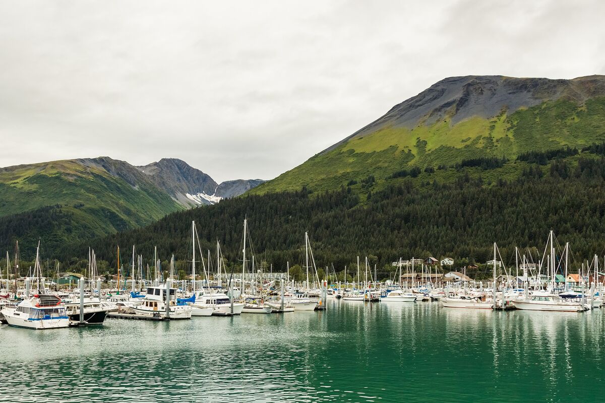 Seward small boat harbor with masts and fishing boats on green-blue water below forested mountains