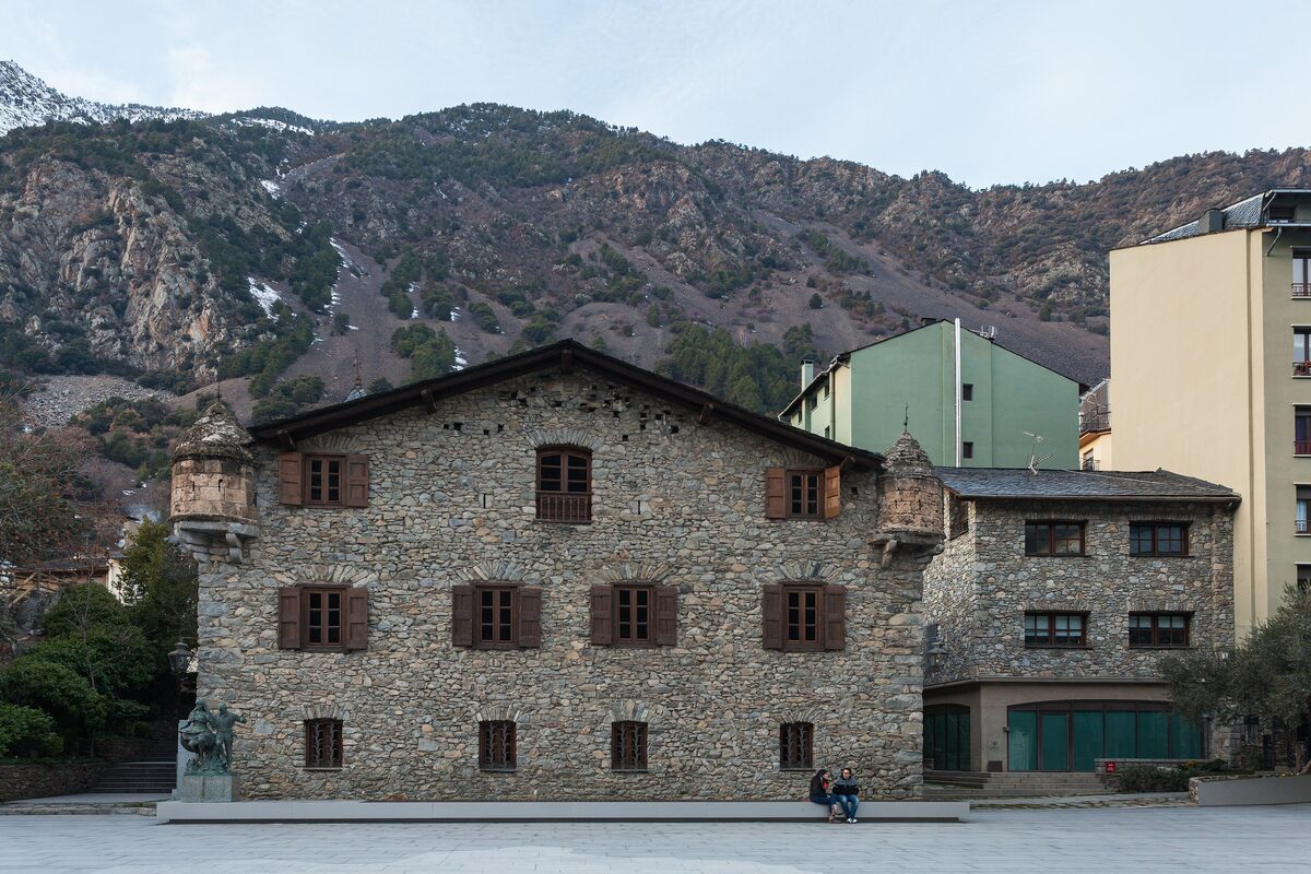 The stone Casa de la Vall, the parliament building, on its square in Andorra la Vella