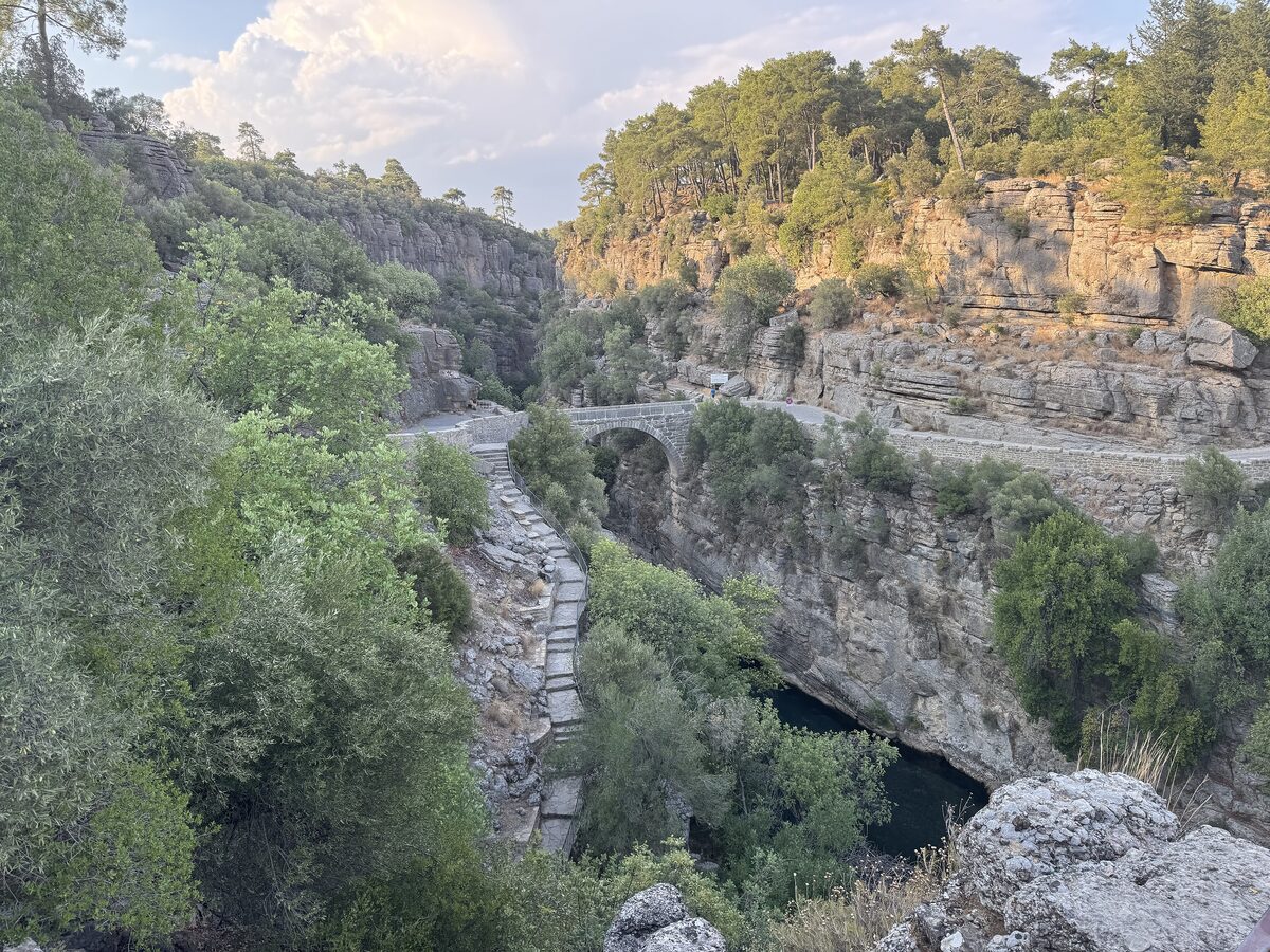 The single-arch Roman Oluk bridge across the narrow gorge of Köprülü Canyon, between pine-covered cliffs
