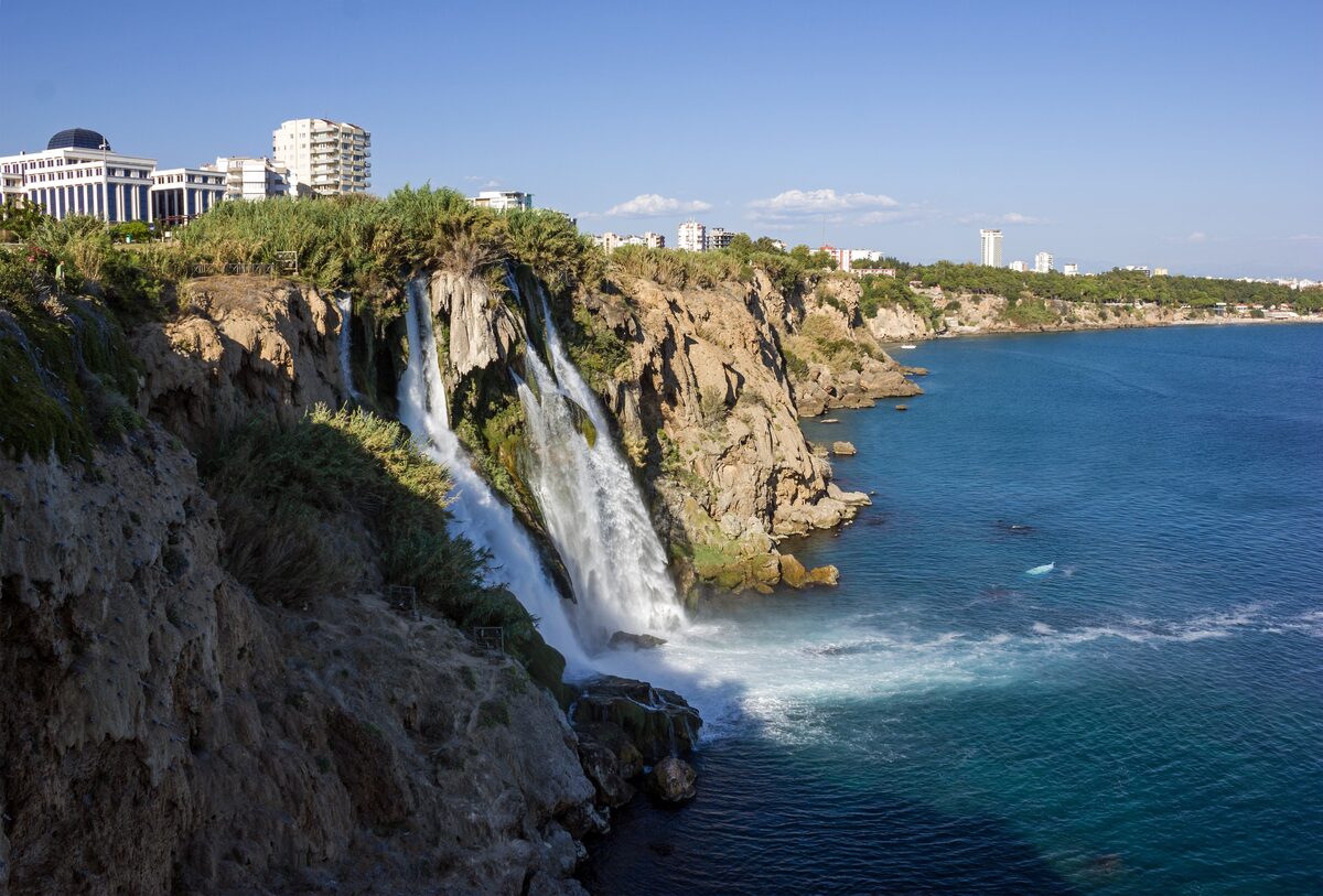 The Lower Düden falls pouring off the coastal cliff straight into the Mediterranean