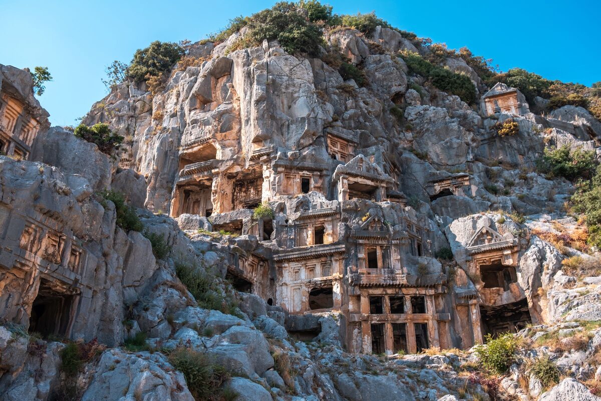 House-shaped Lycian rock tombs carved into the cliff at Myra