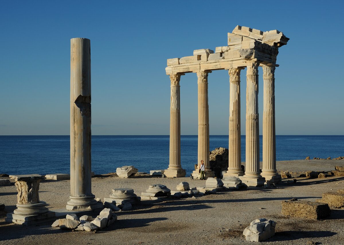 The columns of the Temple of Apollo in Side beside the calm sea