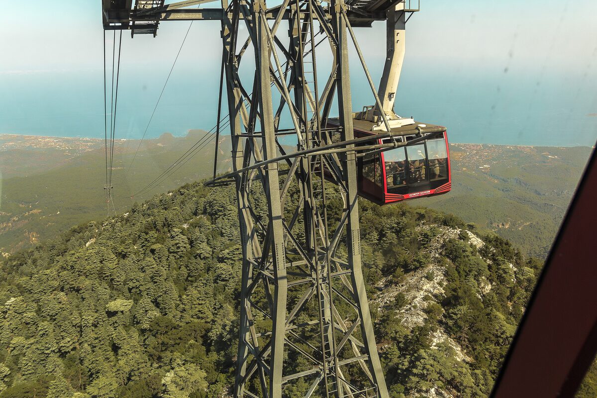 A red cabin of the Olympos Teleferik passing a pylon high above forested slopes, with the coast below