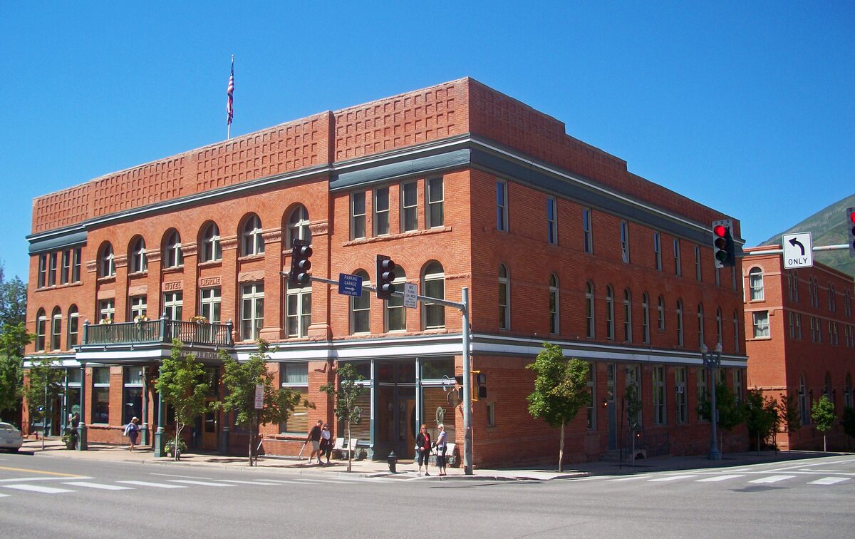 Hotel Jerome, the red-brick corner hotel on Main Street in Aspen, seen from across the intersection