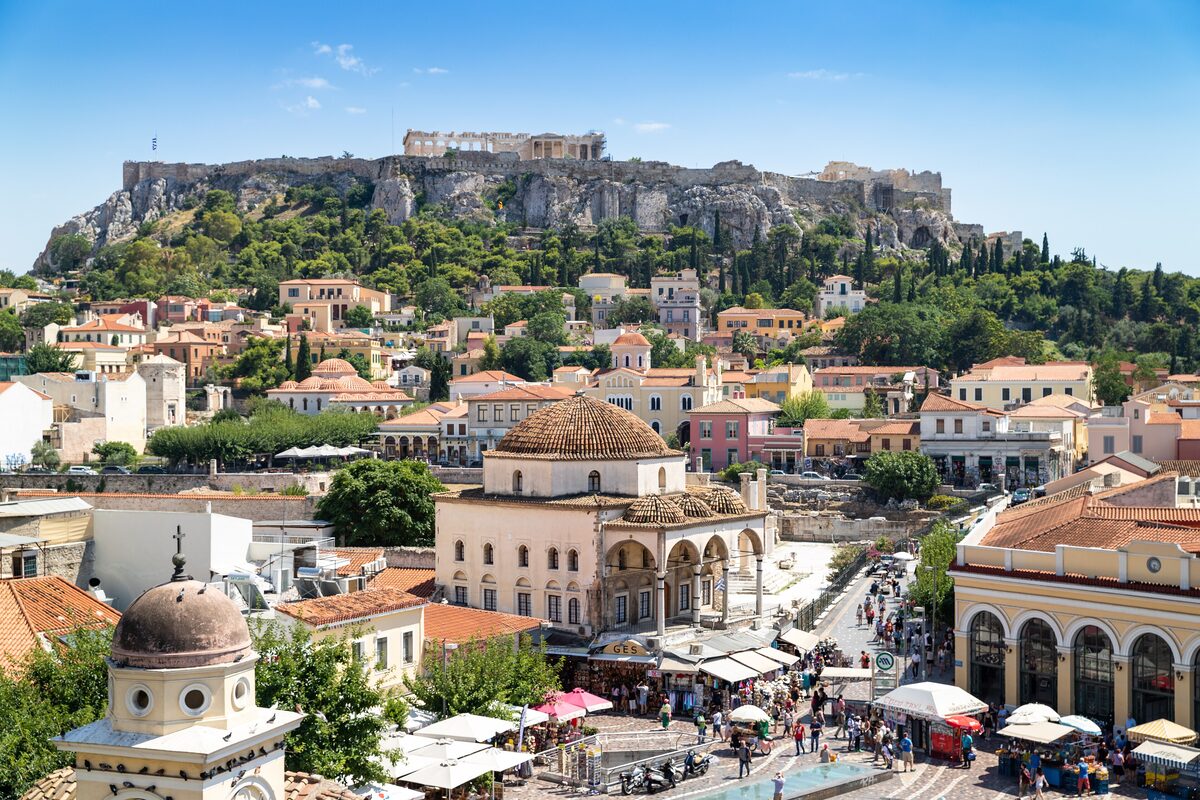 Monastiraki Square from above, with the domed Tzistarakis Mosque, Plaka's rooftops and the Acropolis behind