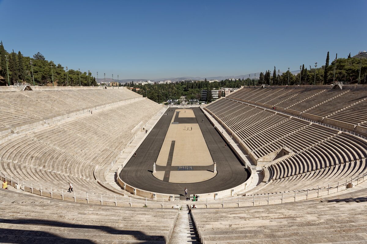 The all-marble Panathenaic Stadium from the top of the stands, its horseshoe of tiers around the track