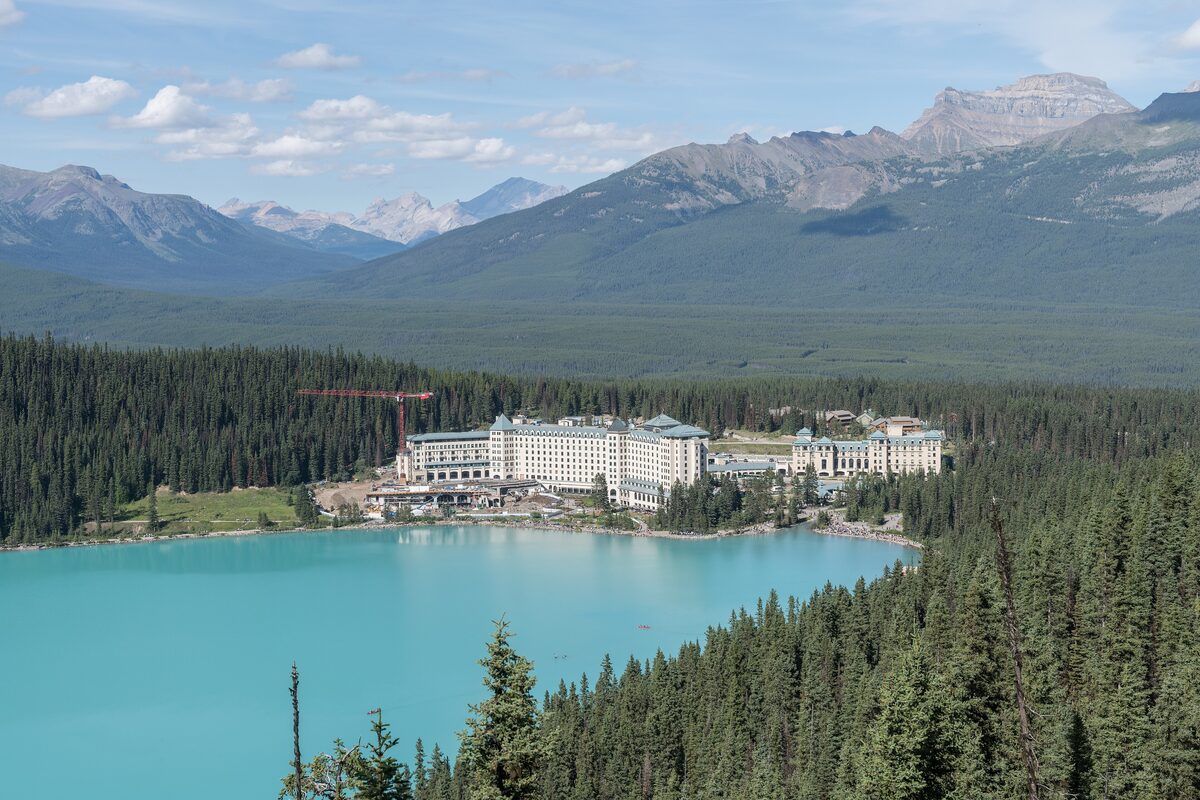 Lake Louise and the Fairmont Chateau seen from a high lookout