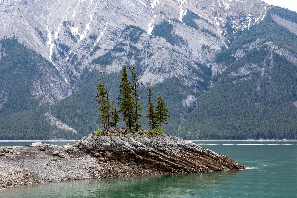 A small rocky island with spruces in Lake Minnewanka's green water