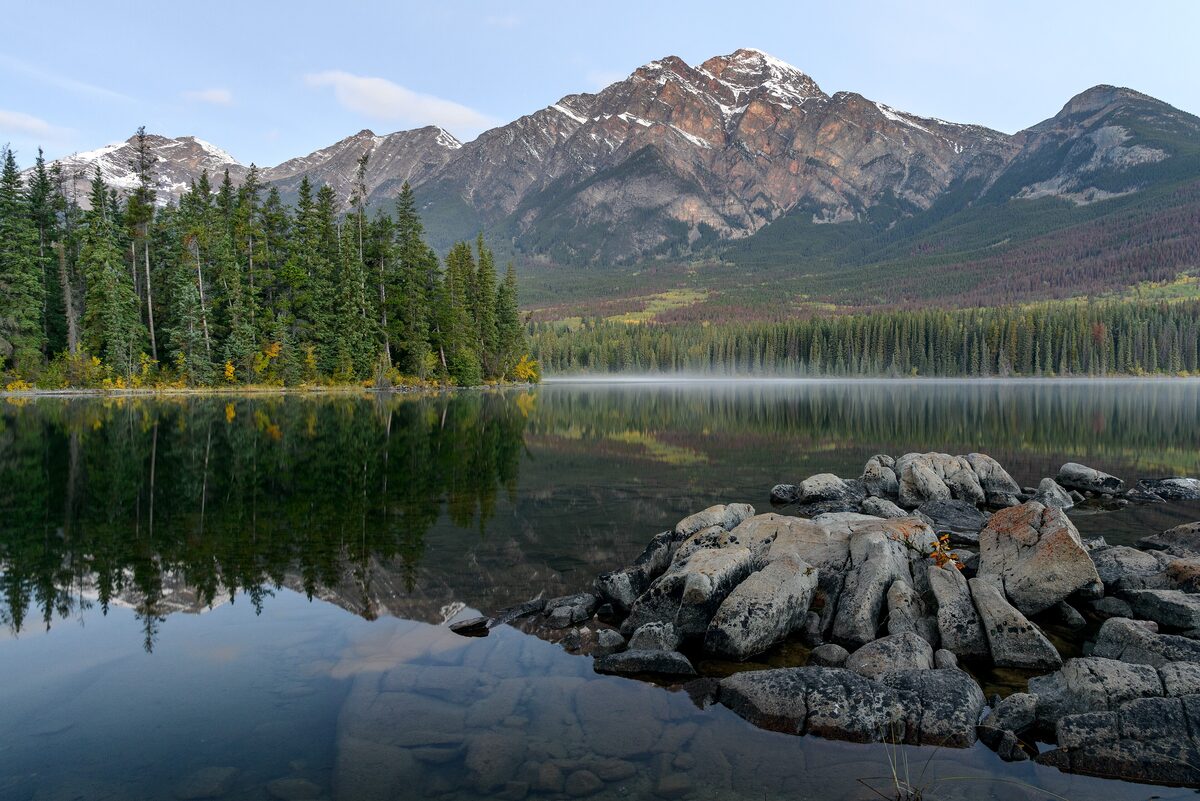 Pyramid Mountain above calm Pyramid Lake in clear morning light