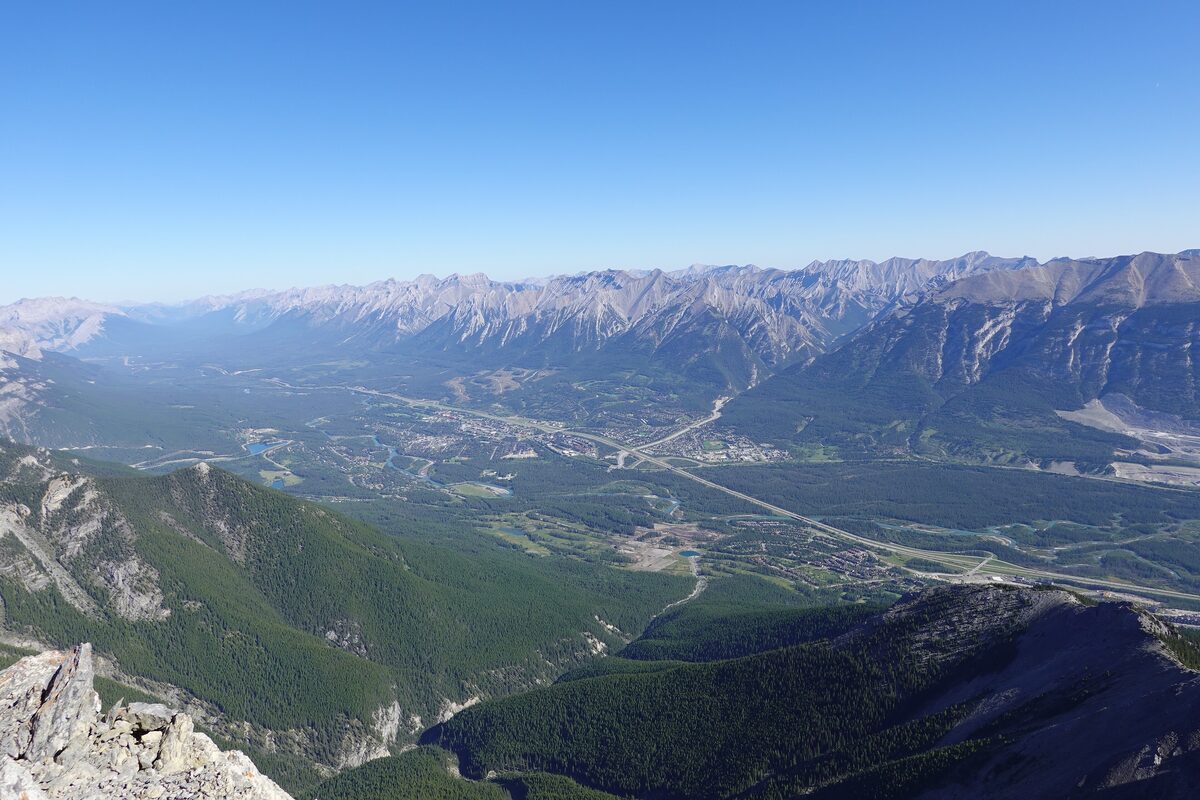 Canmore in the Bow Valley under a clear blue summer sky