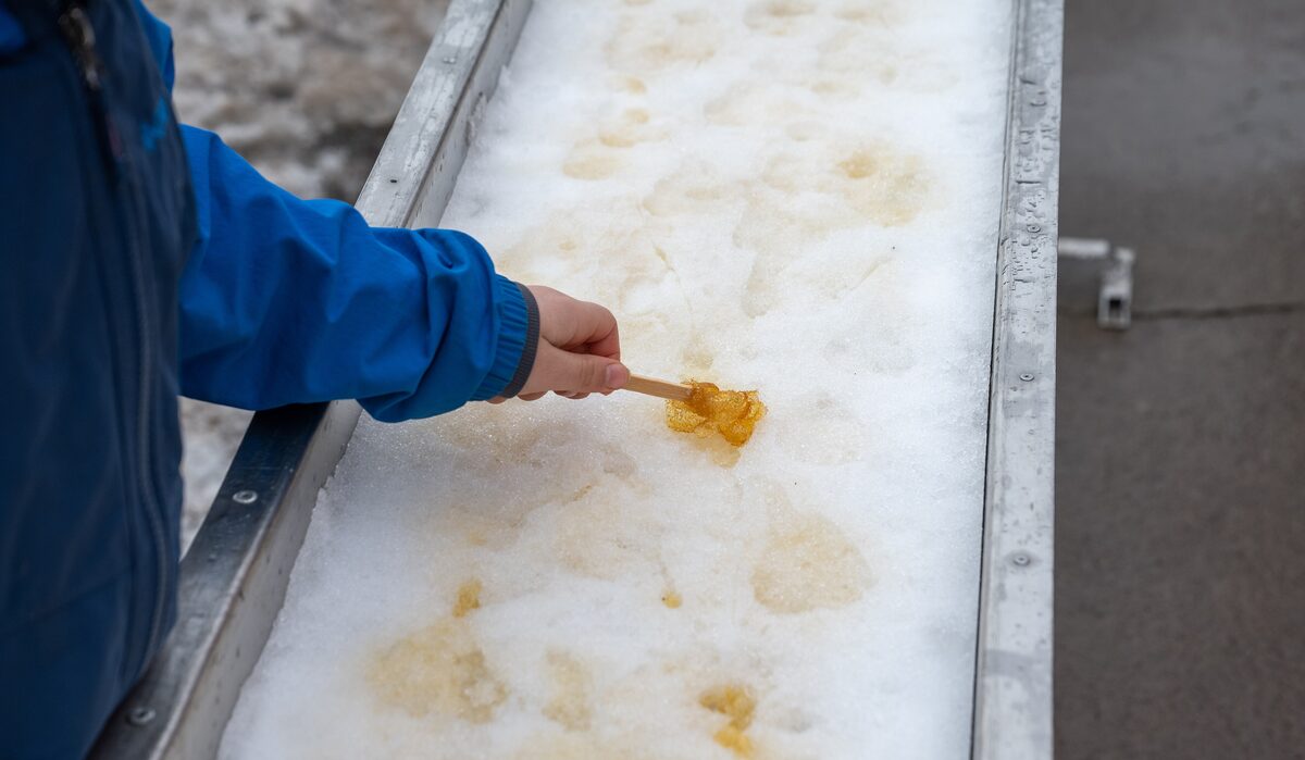 Hot maple syrup poured in lines on a trough of snow, with a hand lifting a stick of taffy