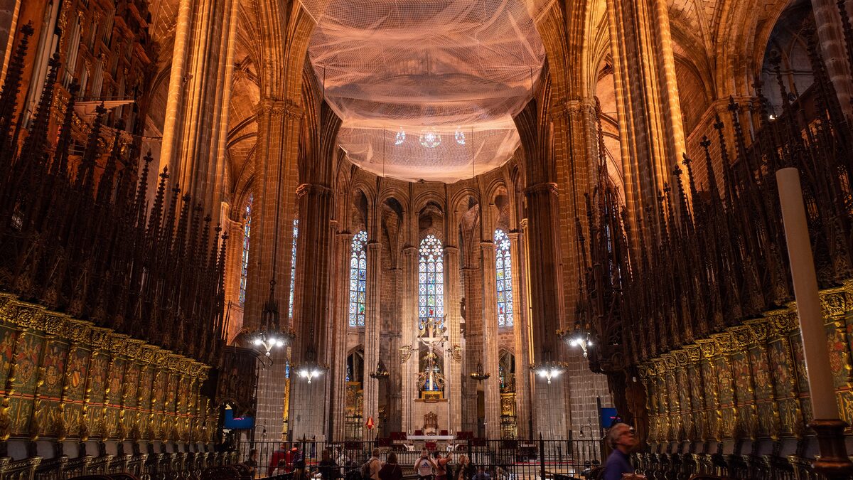 Inside Barcelona Cathedral, with the choir and gothic vaults above the crossing