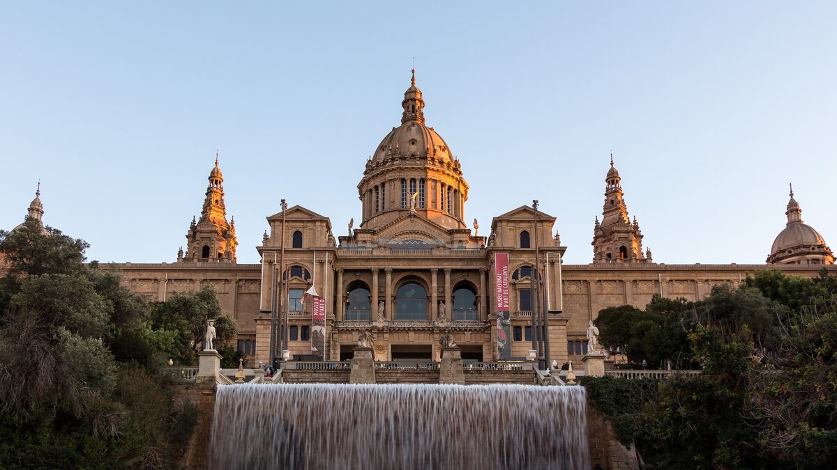 The Palau Nacional on Montjuïc with a cascade of water in front, home of the MNAC