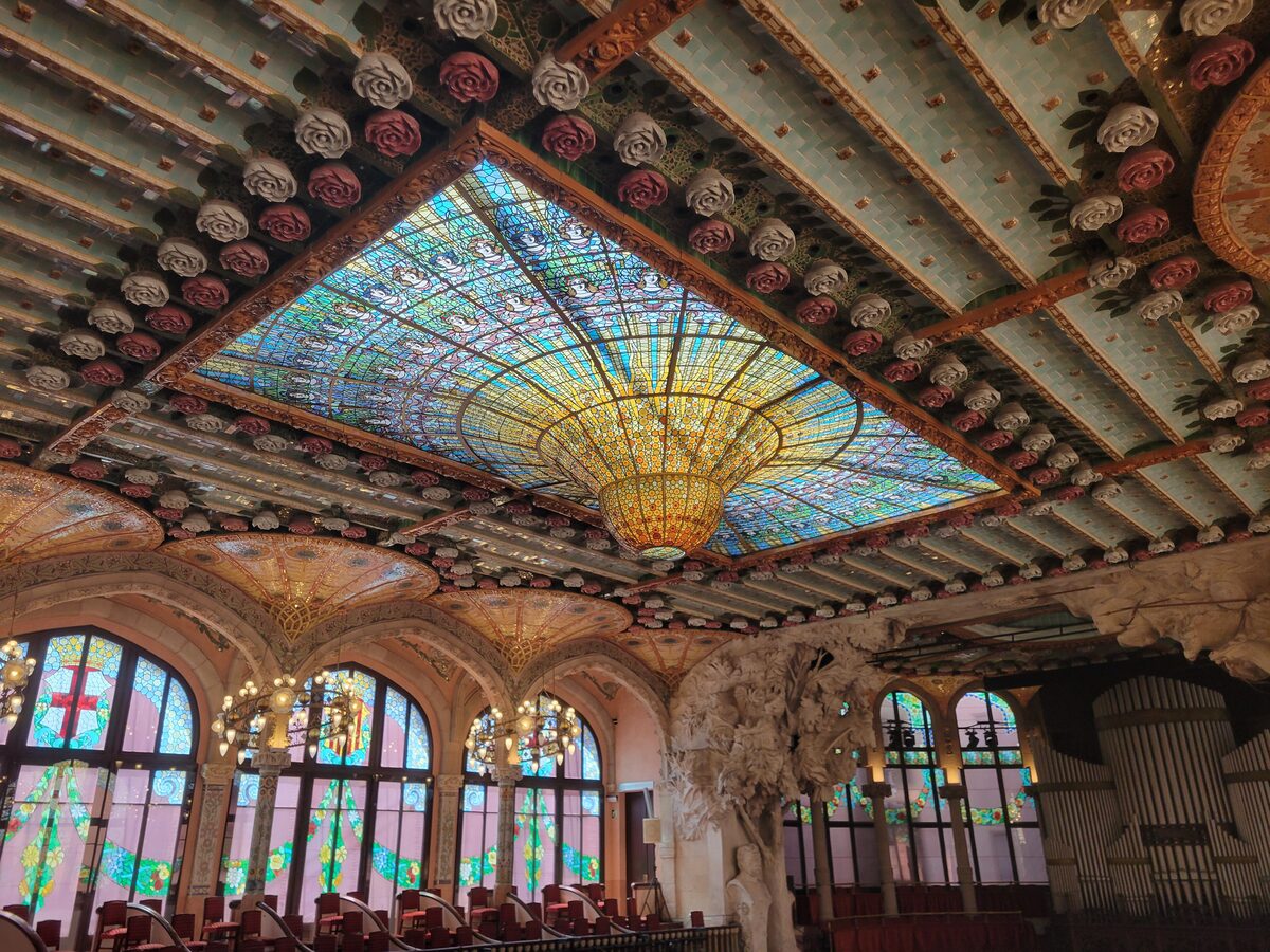The stained-glass skylight over the concert hall of the Palau de la Música Catalana