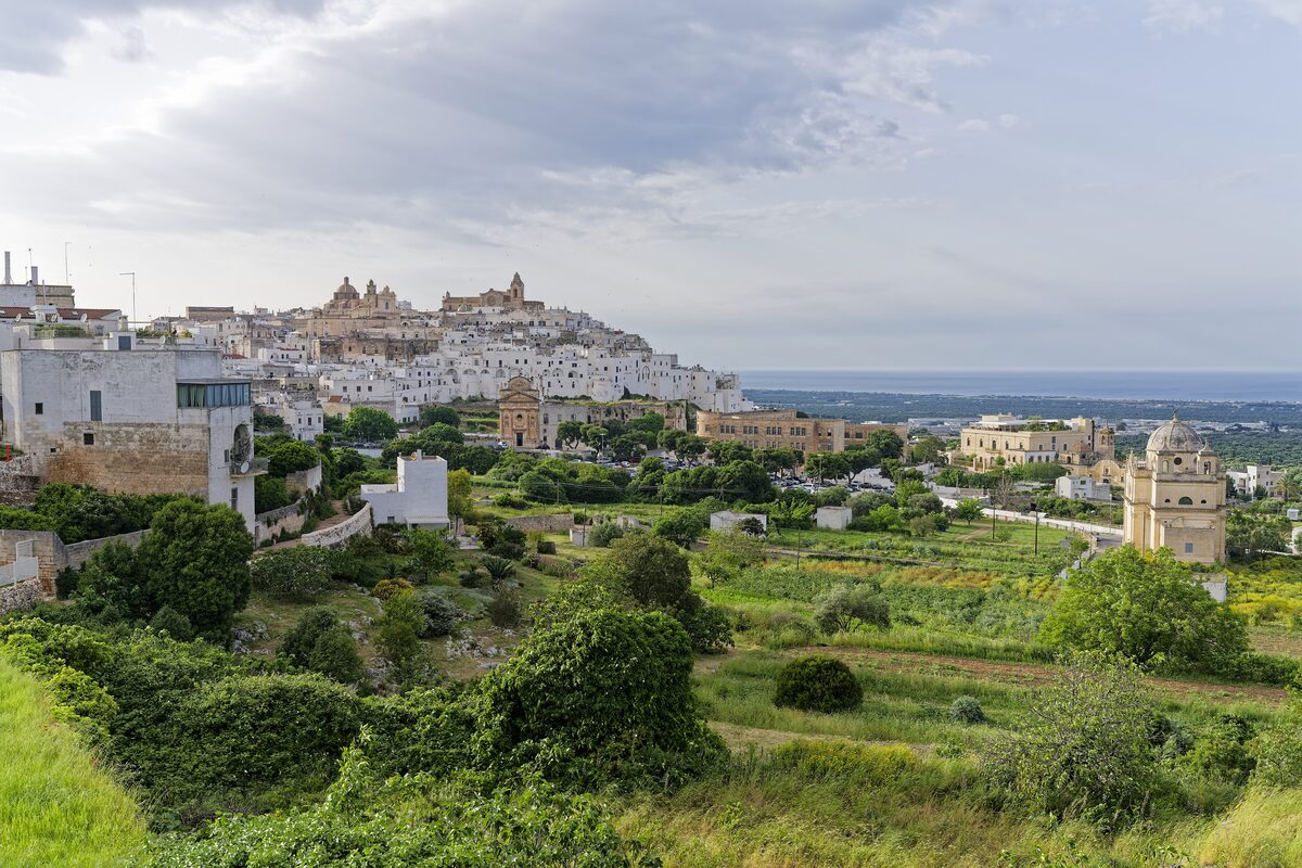 Ostuni's white old town on its hill, seen from the surrounding countryside