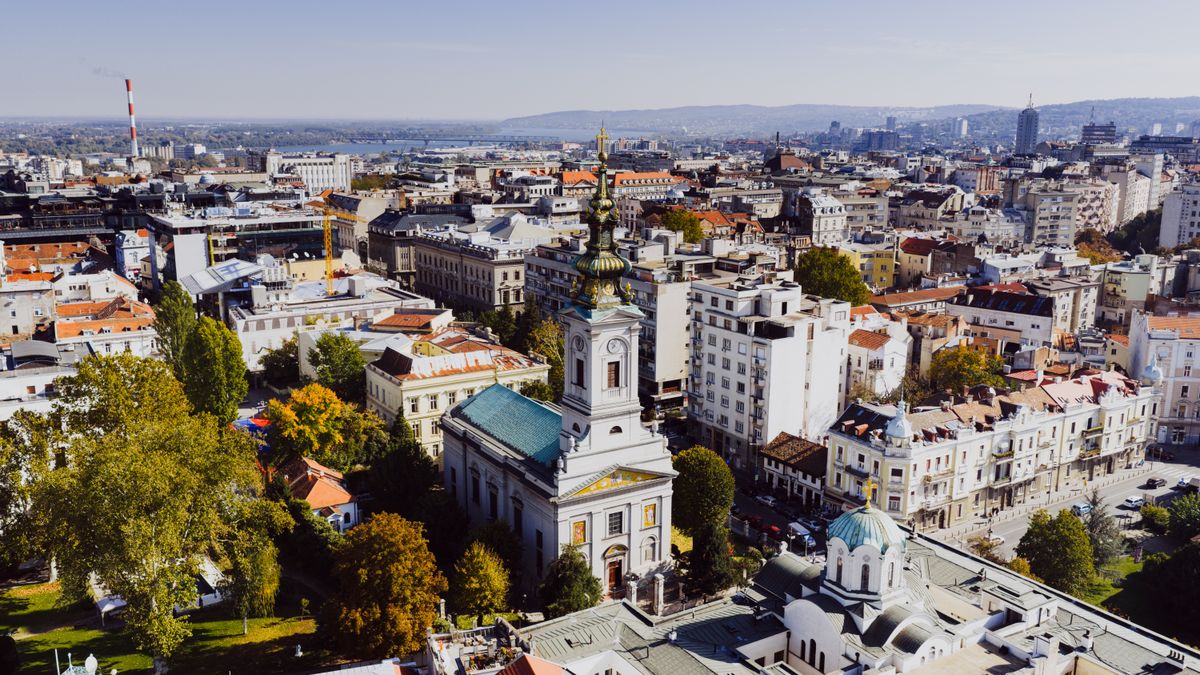 Aerial view of the Cathedral of St. Michael the Archangel and its baroque bell tower in Kosančićev Venac