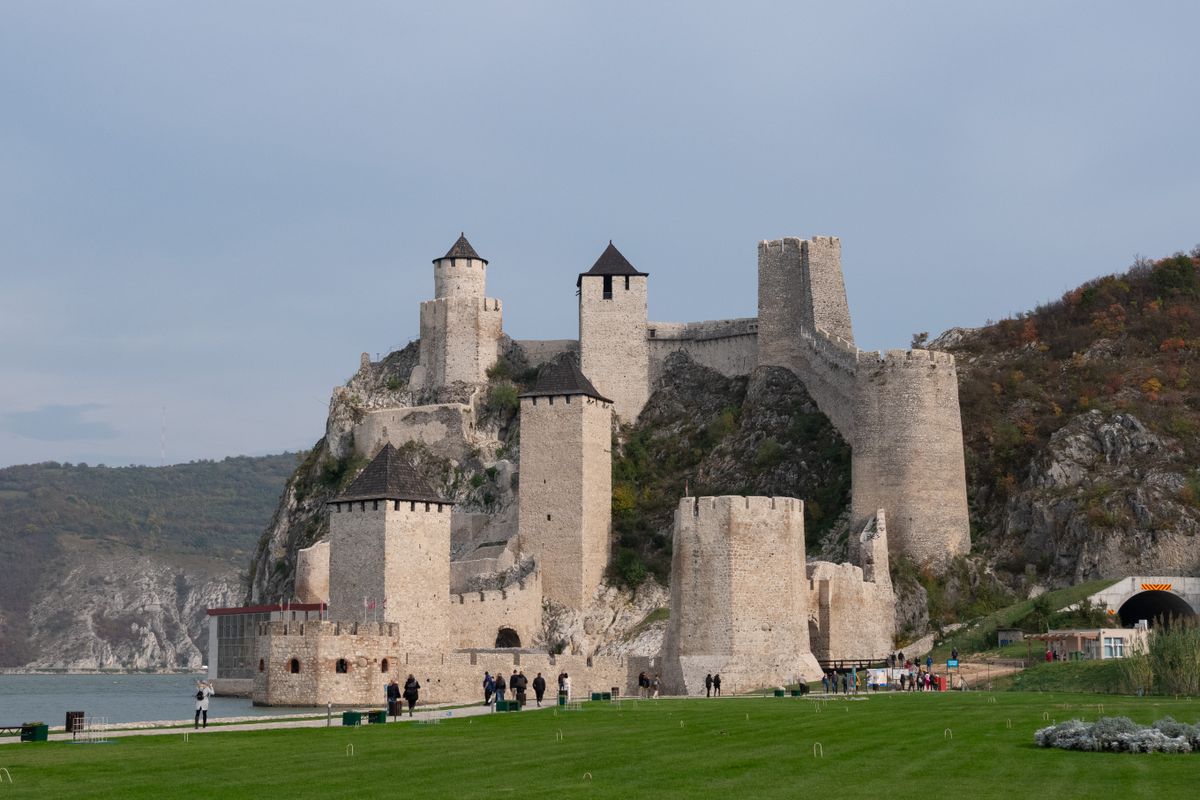 Golubac Fortress with its towers climbing a rocky hill above the Danube
