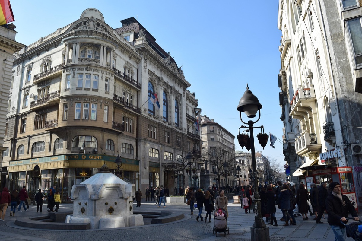 The Delijska fountain and ornate 19th-century buildings on Knez Mihailova, Belgrade's main pedestrian street