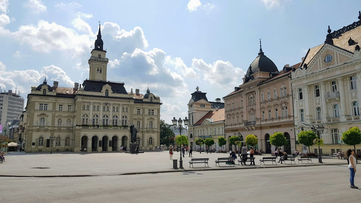 Liberty Square in Novi Sad with the City Hall and its clock tower