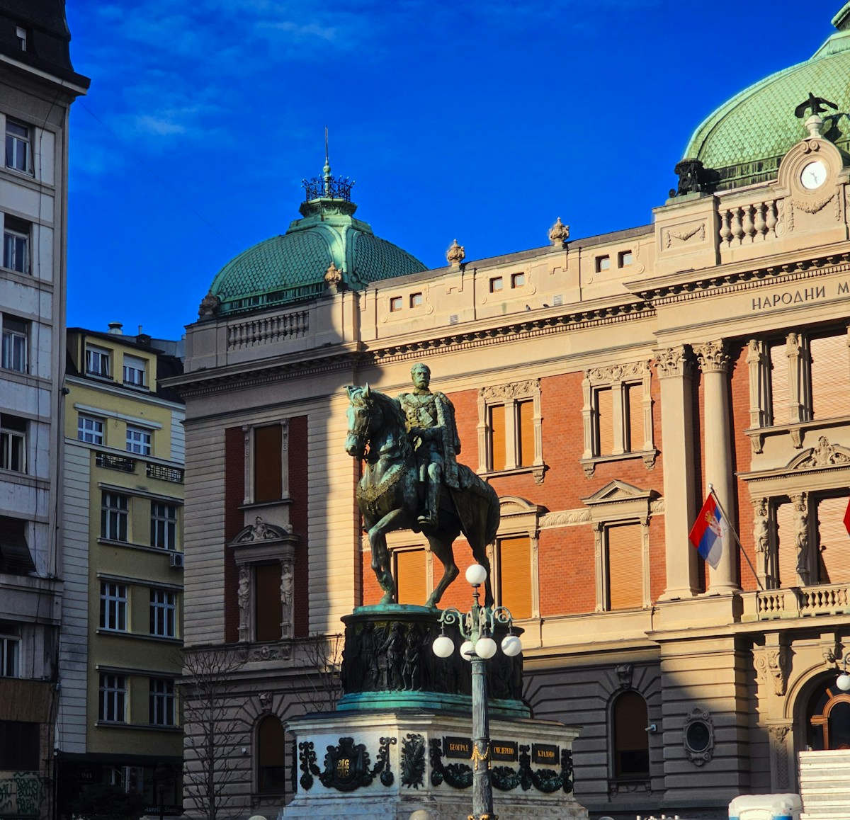 The equestrian statue of Prince Mihailo in front of the National Museum on Republic Square