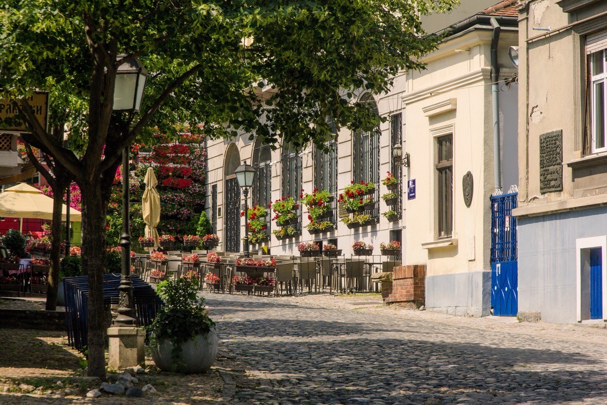 Cobbled Skadarska street with flower-covered kafana terraces and old houses in the Skadarlija quarter