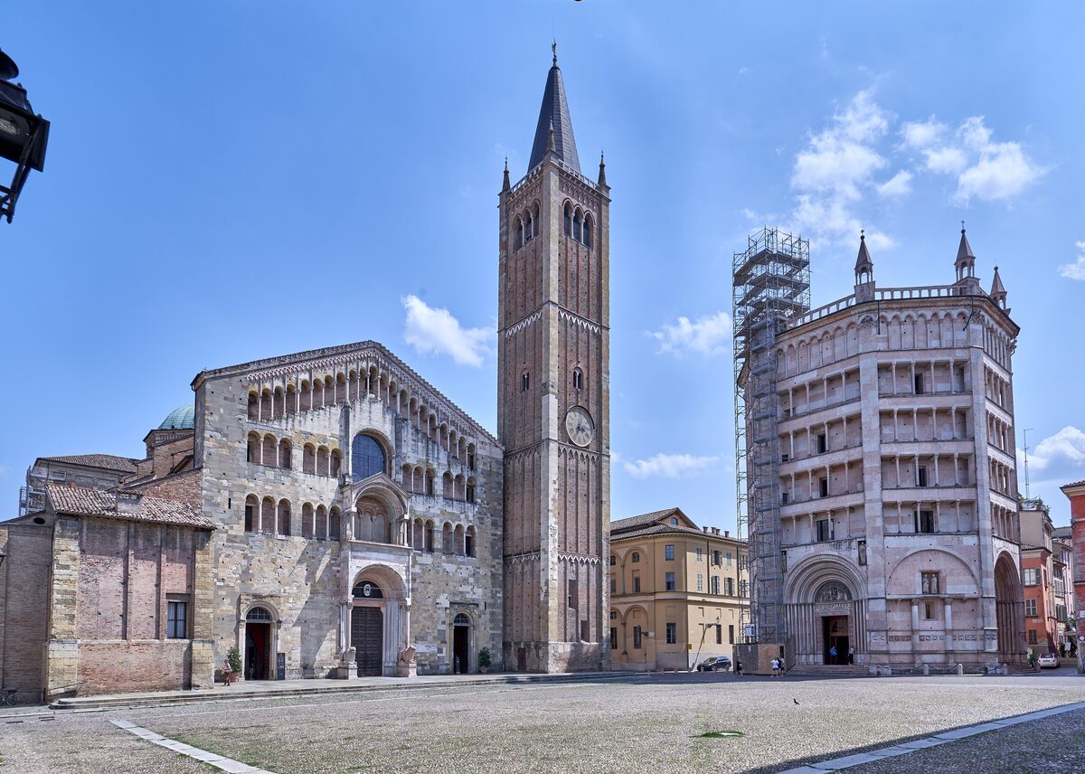 Parma Cathedral, its bell tower and the octagonal Baptistery on the cathedral square