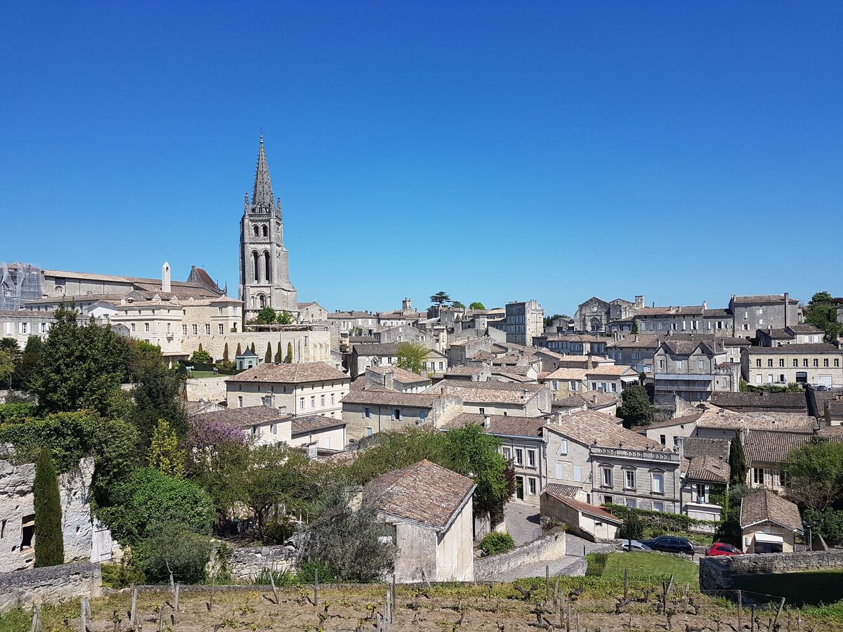 Saint-Émilion's cream stone houses and the church spire on the hillside, with vines in front and a deep blue sky
