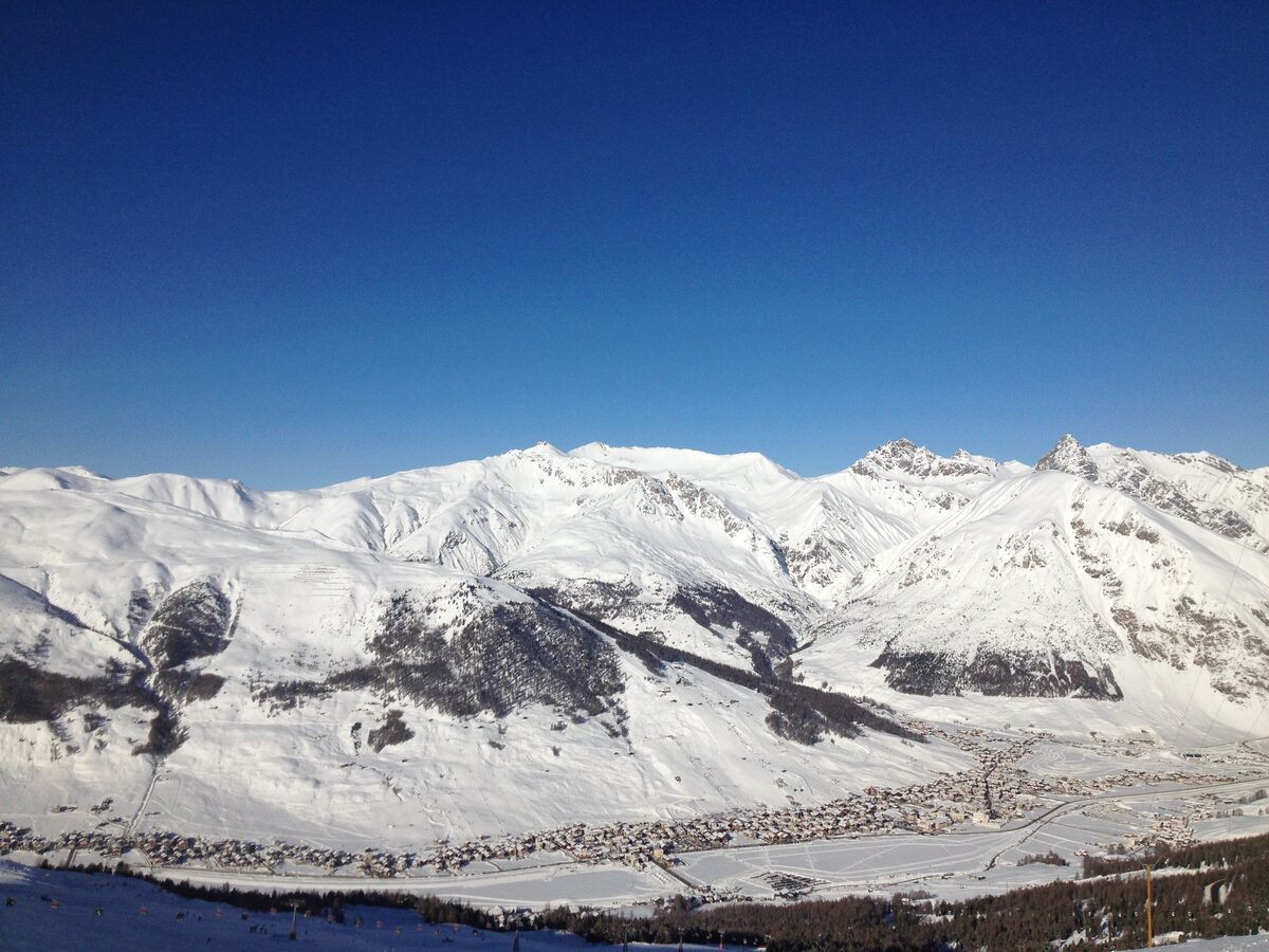 Livigno in winter, a town in a snowy valley with mountains rising on both sides