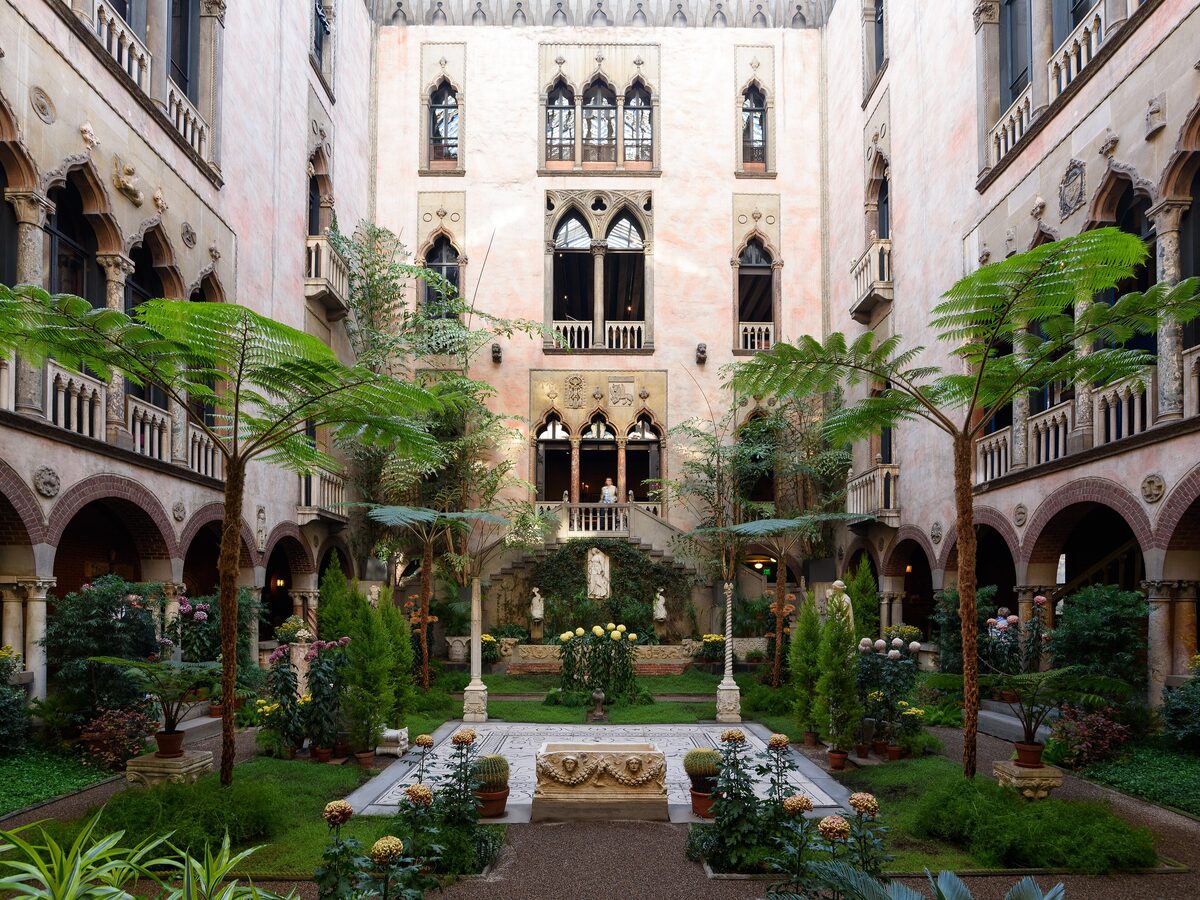 The Venetian-style indoor garden courtyard of the Isabella Stewart Gardner Museum