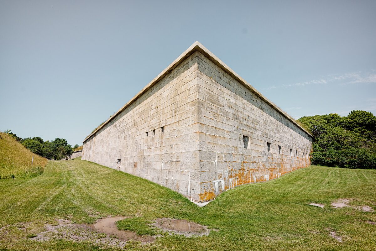 Grass-topped granite walls of Fort Warren on Georges Island