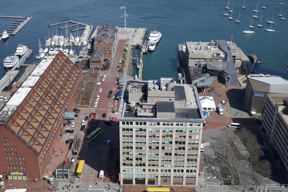 Aerial view of Long Wharf and its marina reaching into Boston Harbor