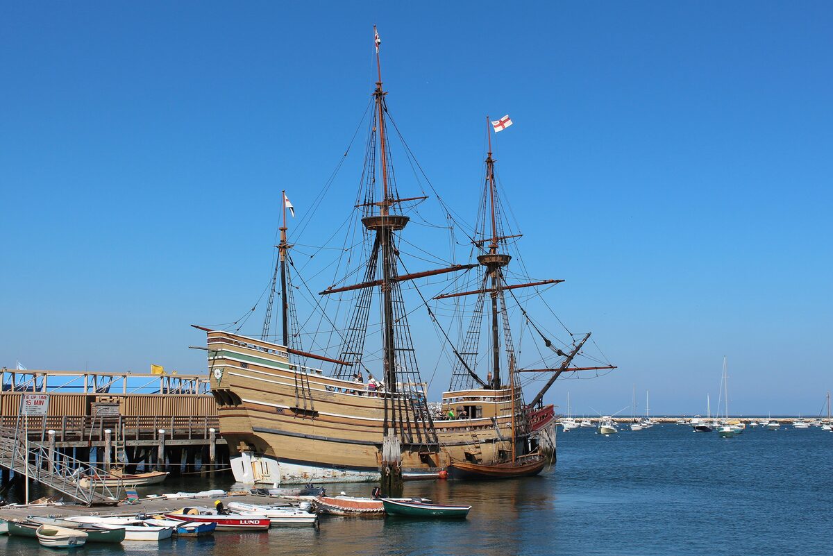 The Mayflower II replica moored at the Plymouth waterfront