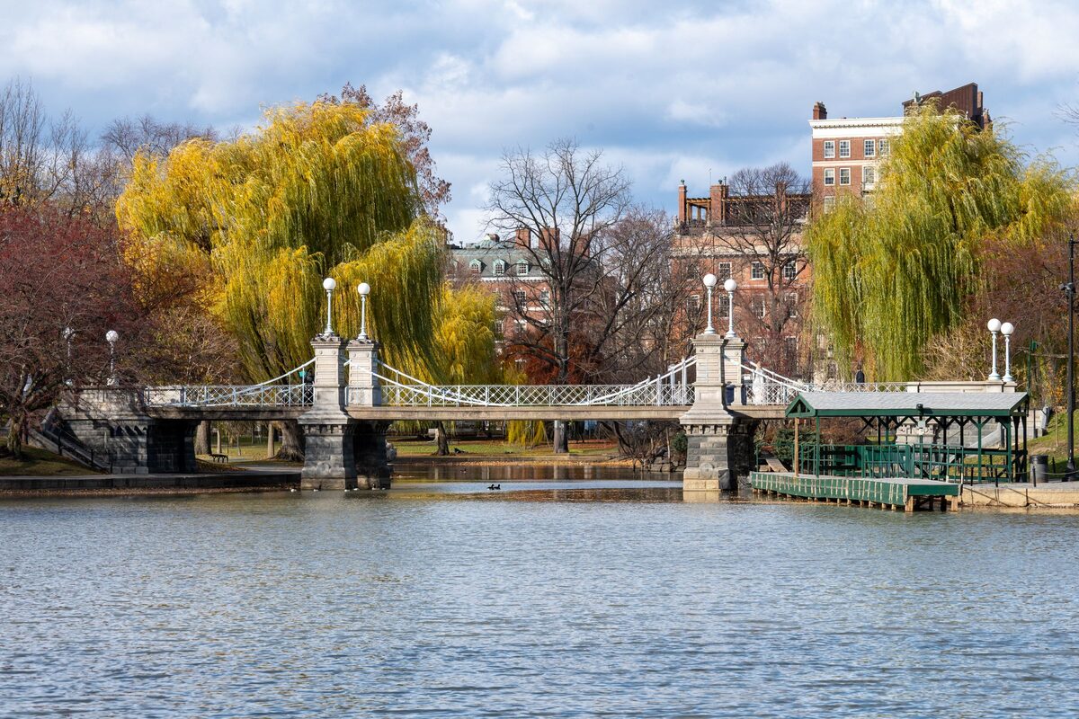The suspension footbridge over the Public Garden lagoon among autumn willows