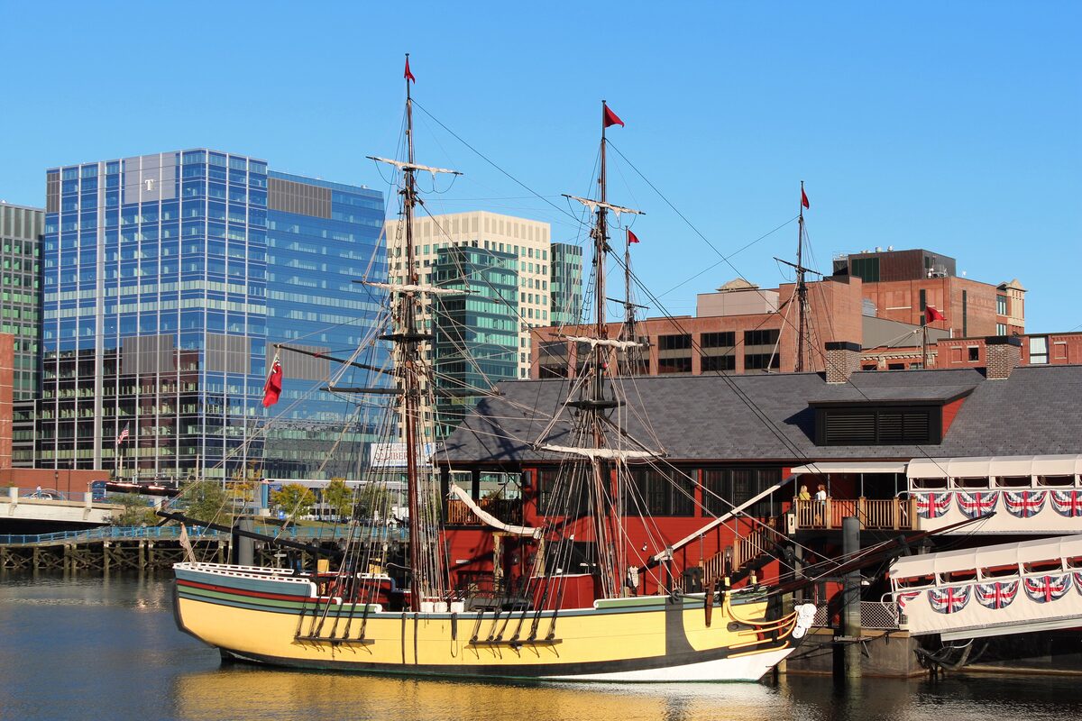 A tall ship moored beside the Boston Tea Party Ships and Museum