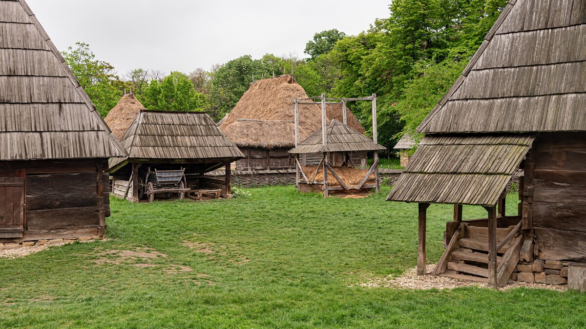 Wooden farm buildings with steep shingle roofs, a thatched barn and a hay rack around a grassy yard at the Dimitrie Gusti Village Museum