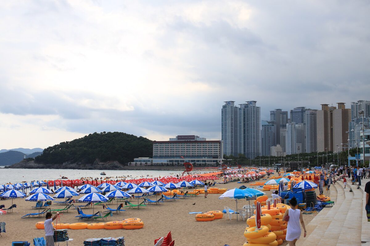 Summer crowds at Haeundae Beach, with rows of blue and orange parasols and rental tubes on the sand and towers beyond