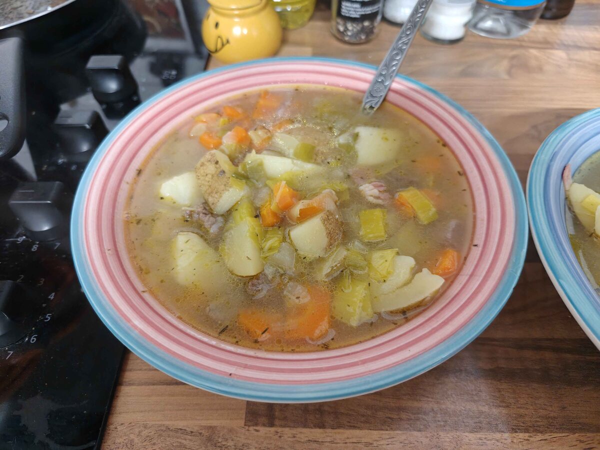 A bowl of cawl, a Welsh broth of lamb, leeks, potatoes, carrots and swede
