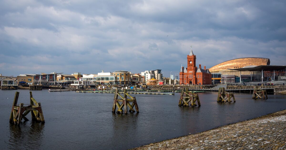 Cardiff Bay under a cloudy sky, with old wooden posts in the water, the red brick Pierhead clock tower and the bronze roof of the Wales Millennium Centre