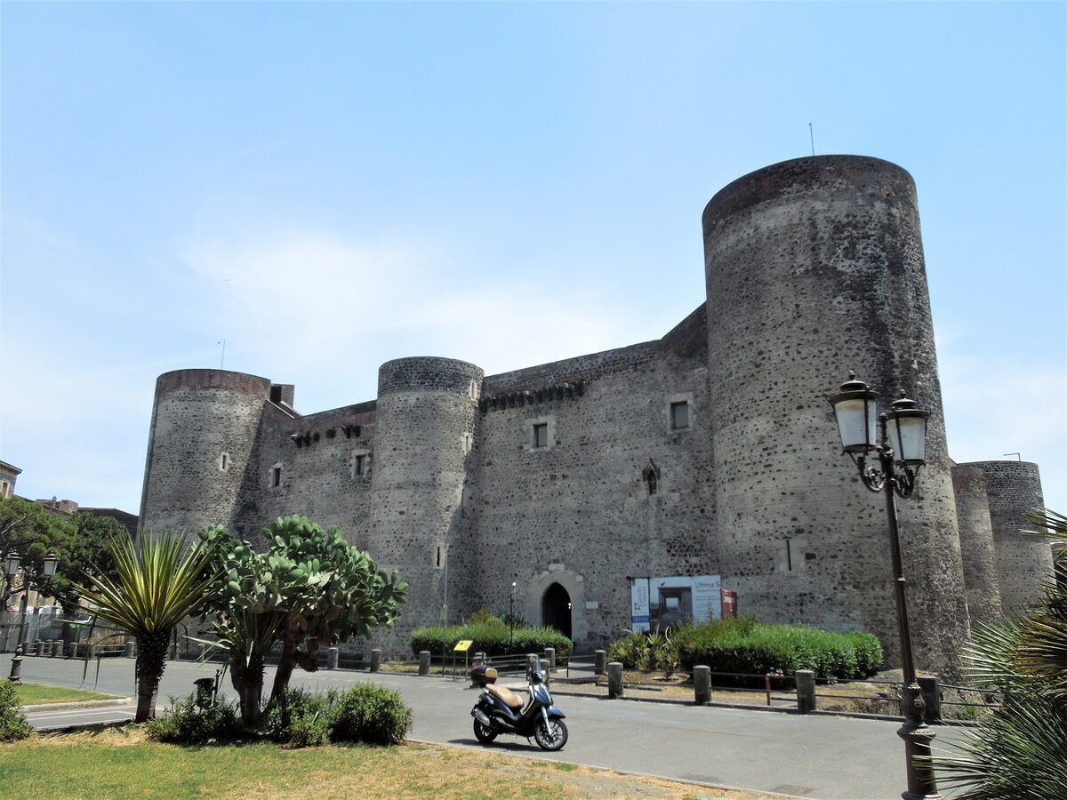 Castello Ursino in Catania, a square lava-stone castle with round corner towers