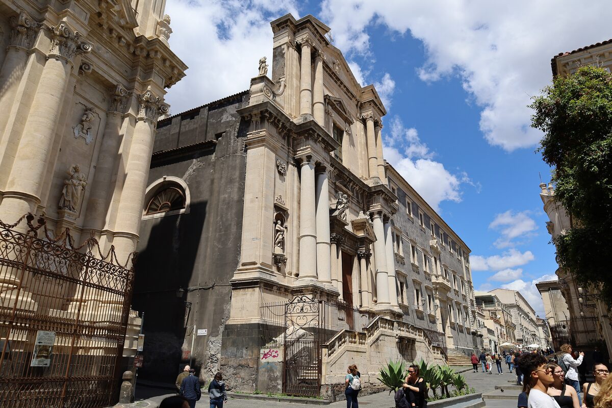 The baroque church of San Francesco Borgia, with columns and a stone stair, on Via dei Crociferi