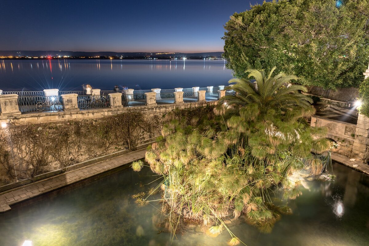 Fountain of Arethusa at night, with papyrus lit in the pool and the sea and promenade lights behind the railing