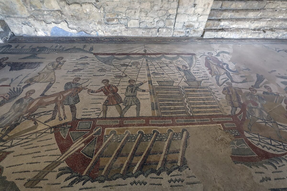 Mosaic floor of a Roman boat with rowers, in the Villa Romana del Casale near Piazza Armerina