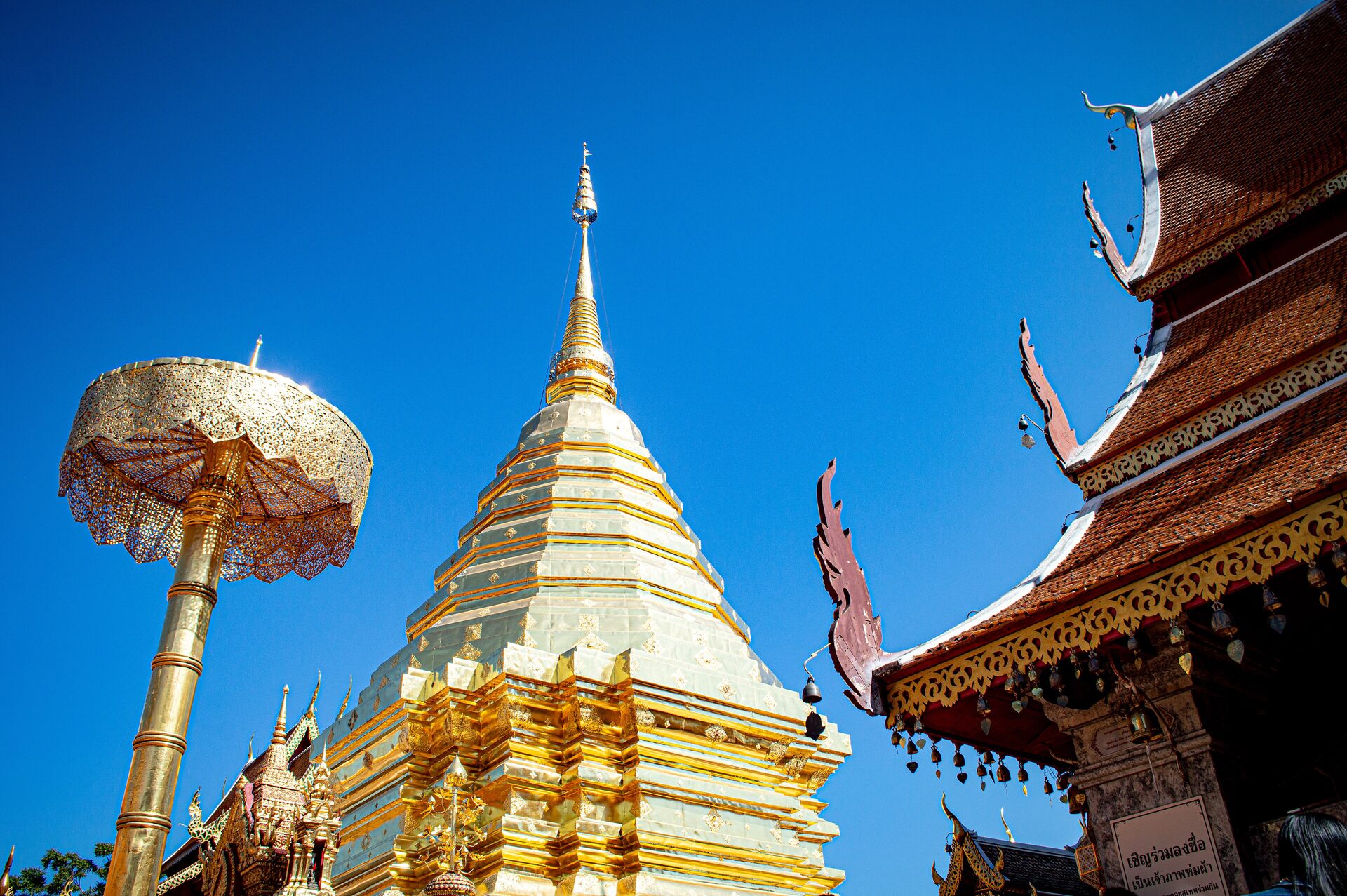 The gilded chedi of Wat Phra That Doi Suthep under a clear blue sky