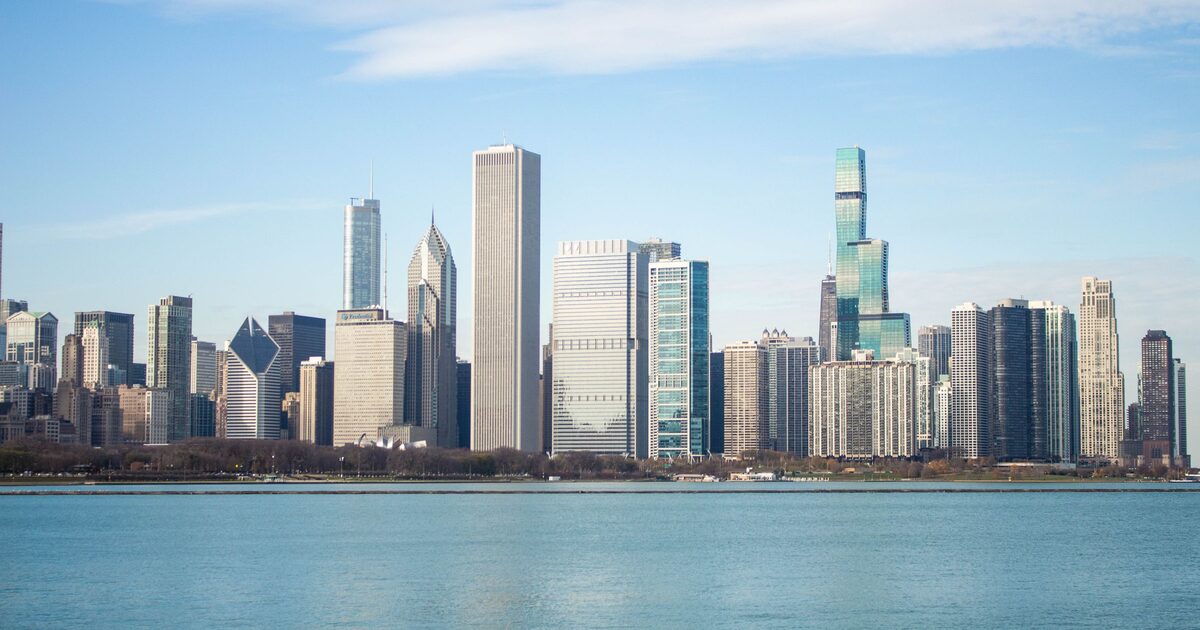 The Chicago skyline with its skyscrapers rising behind the lakefront