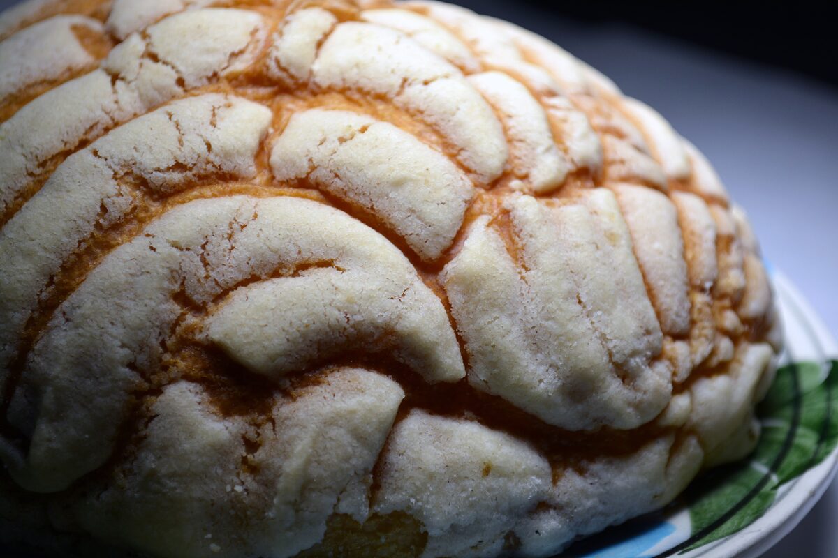 A concha, the Mexican sweet bread with a shell-patterned sugar top